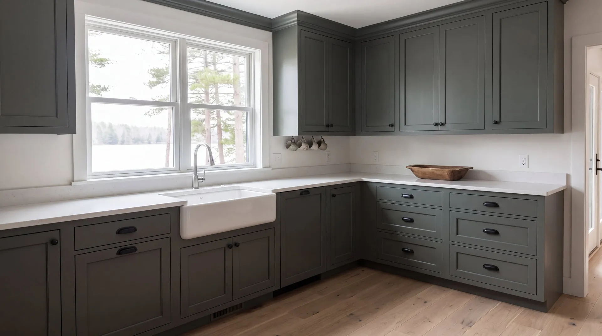 Kitchen with refinished shaker cabinets in satin green-gray enamel and brass hardware