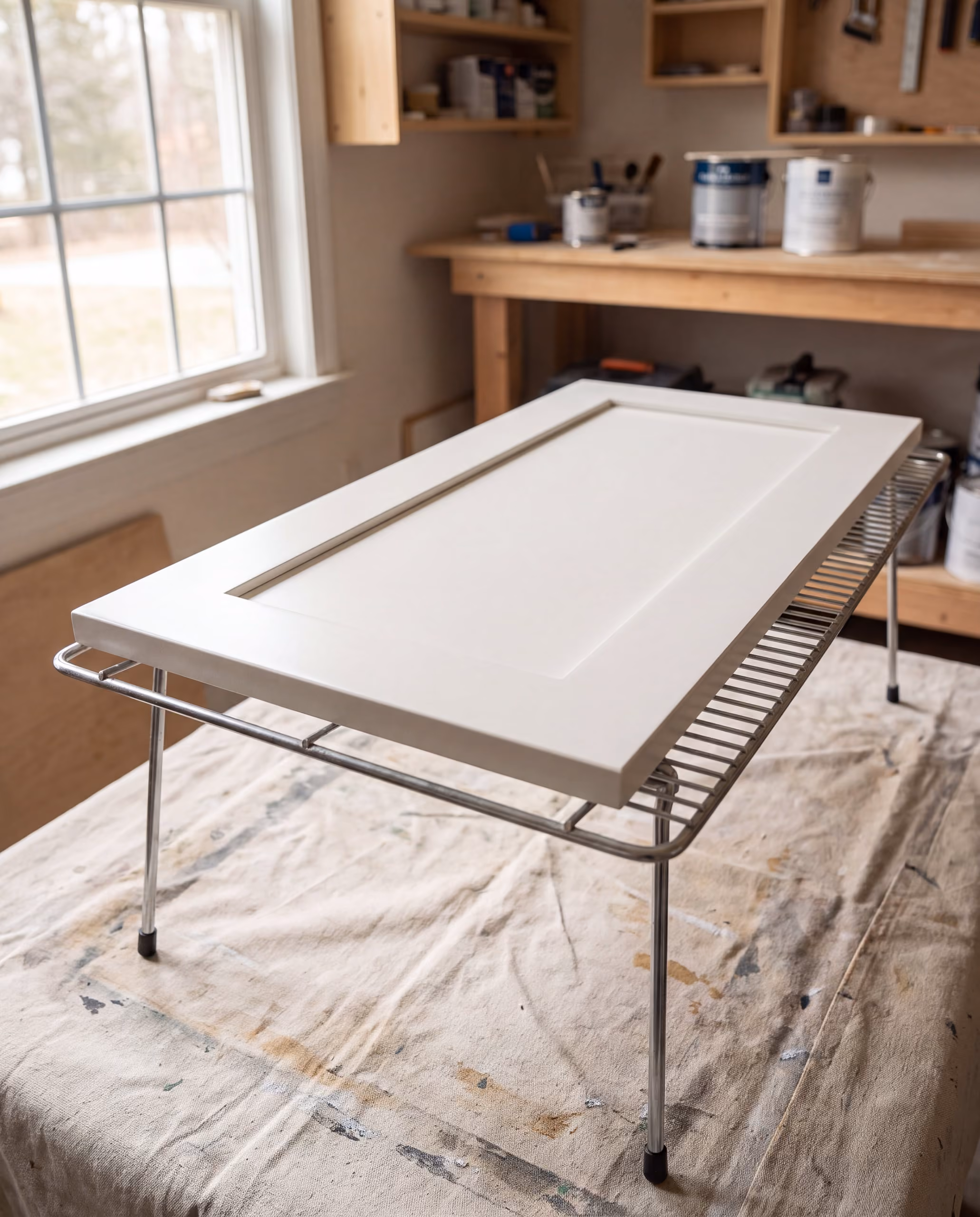 Shaker cabinet door drying on a spray rack after a satin enamel finish
