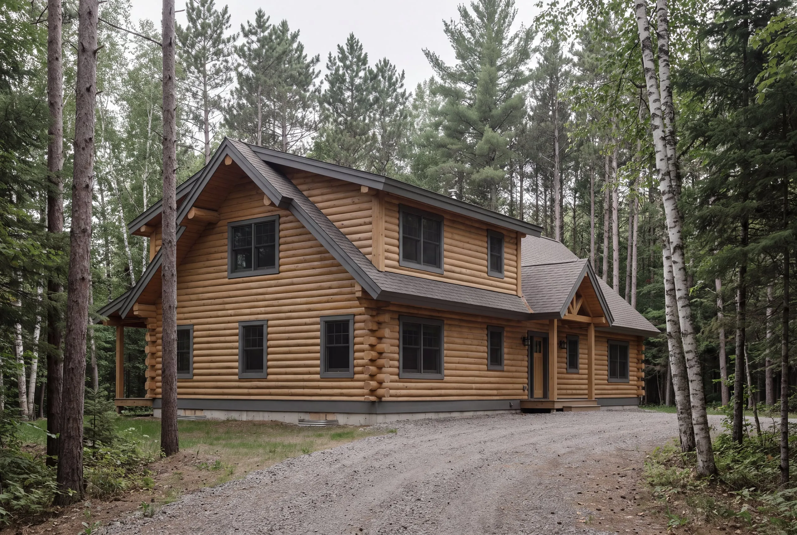 Log home with a honey-colored finish and charcoal trim in the woods