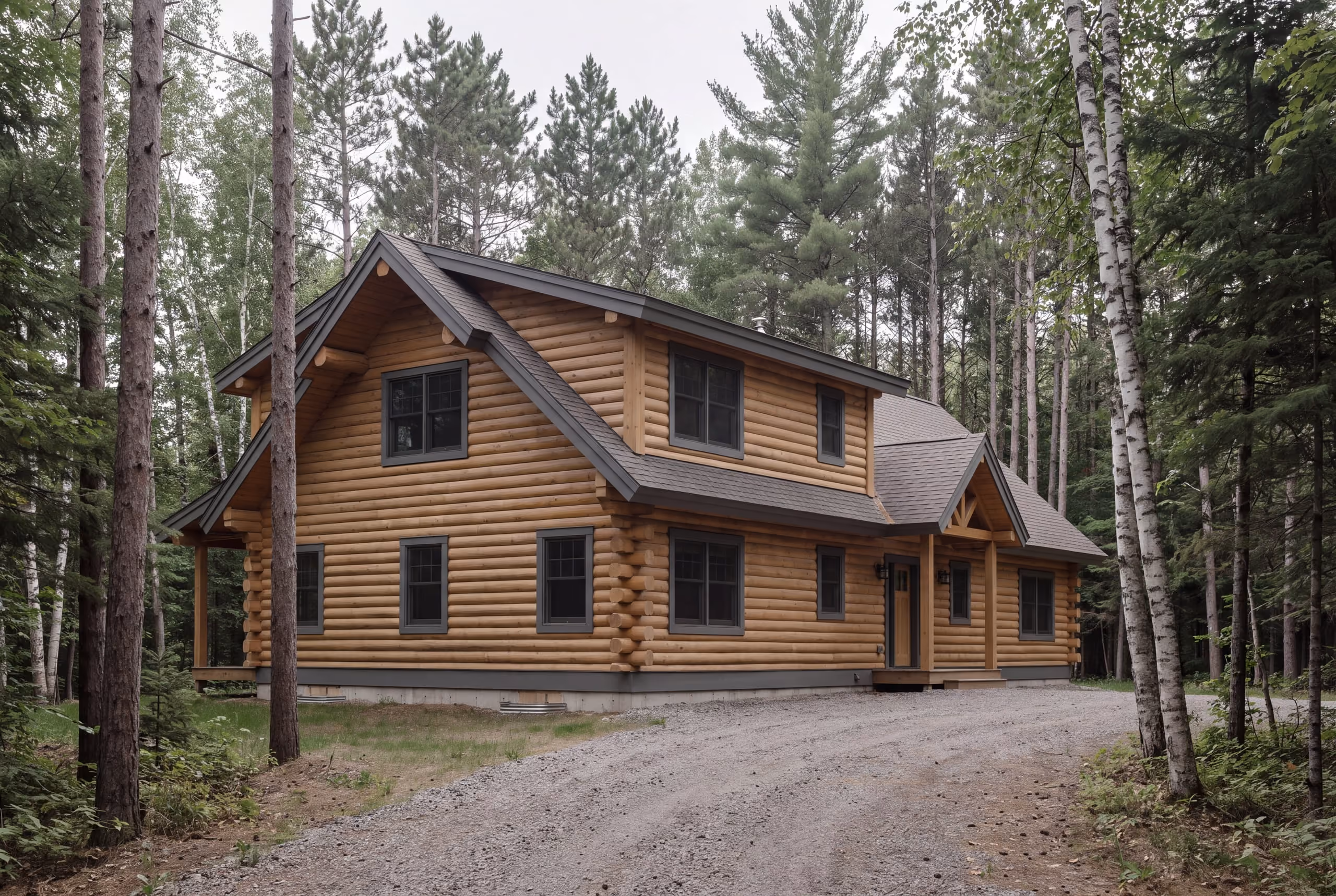 Cedar log home with fresh honey stain and charcoal trim among conifers