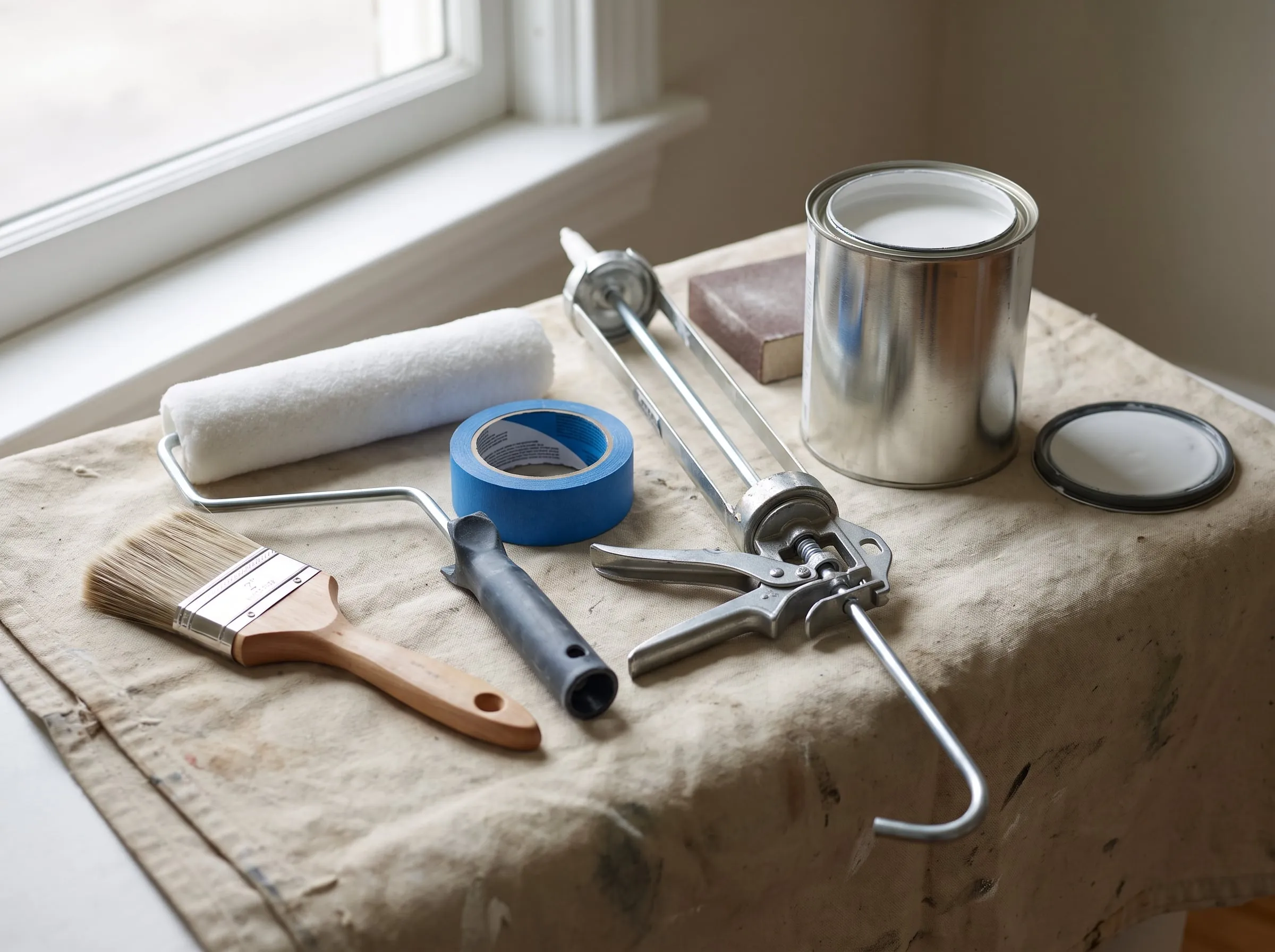 Painter's brushes, tape and a color fan deck laid out on a linen drop cloth