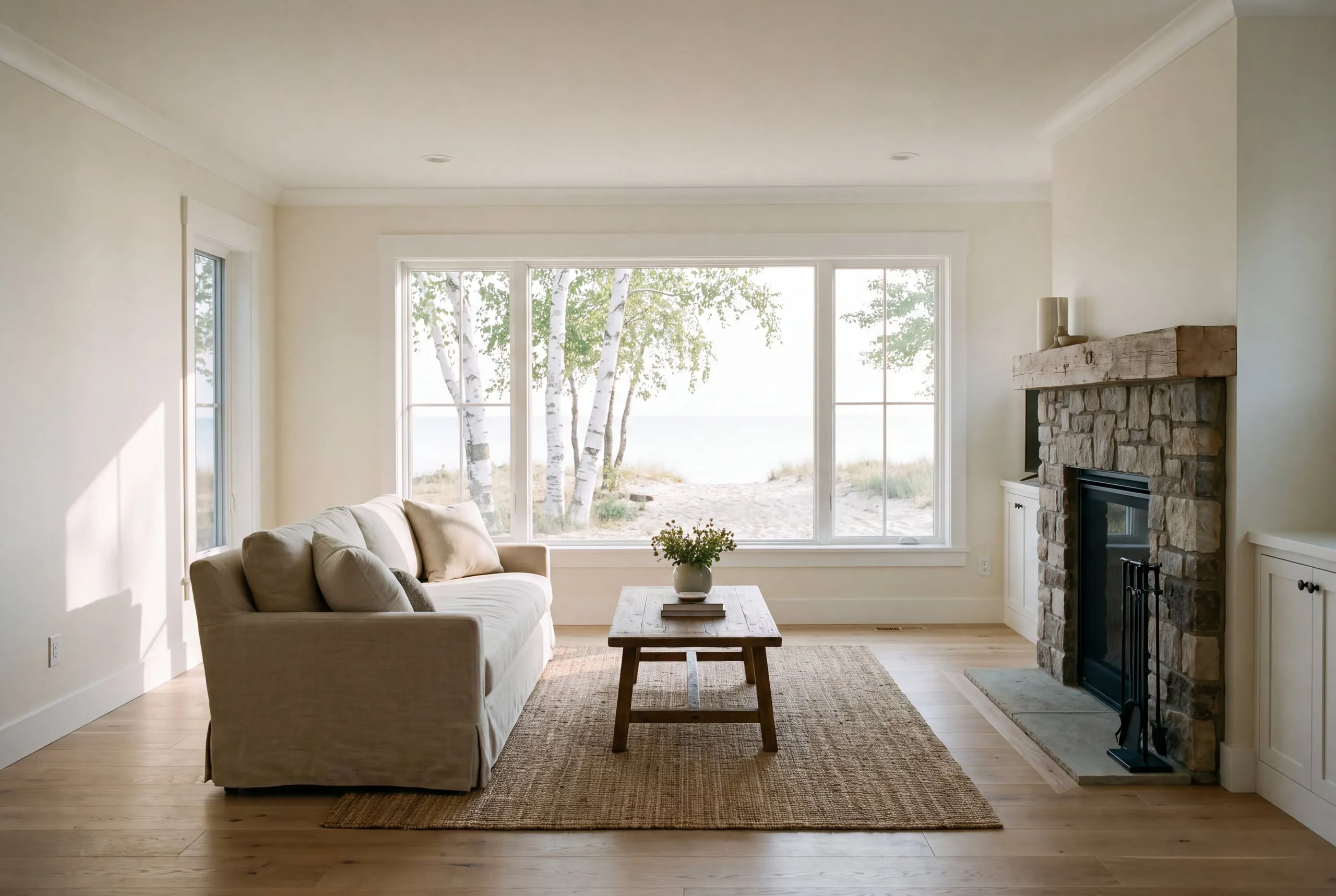 Bedroom with blue-gray walls, white window trim and a lake view