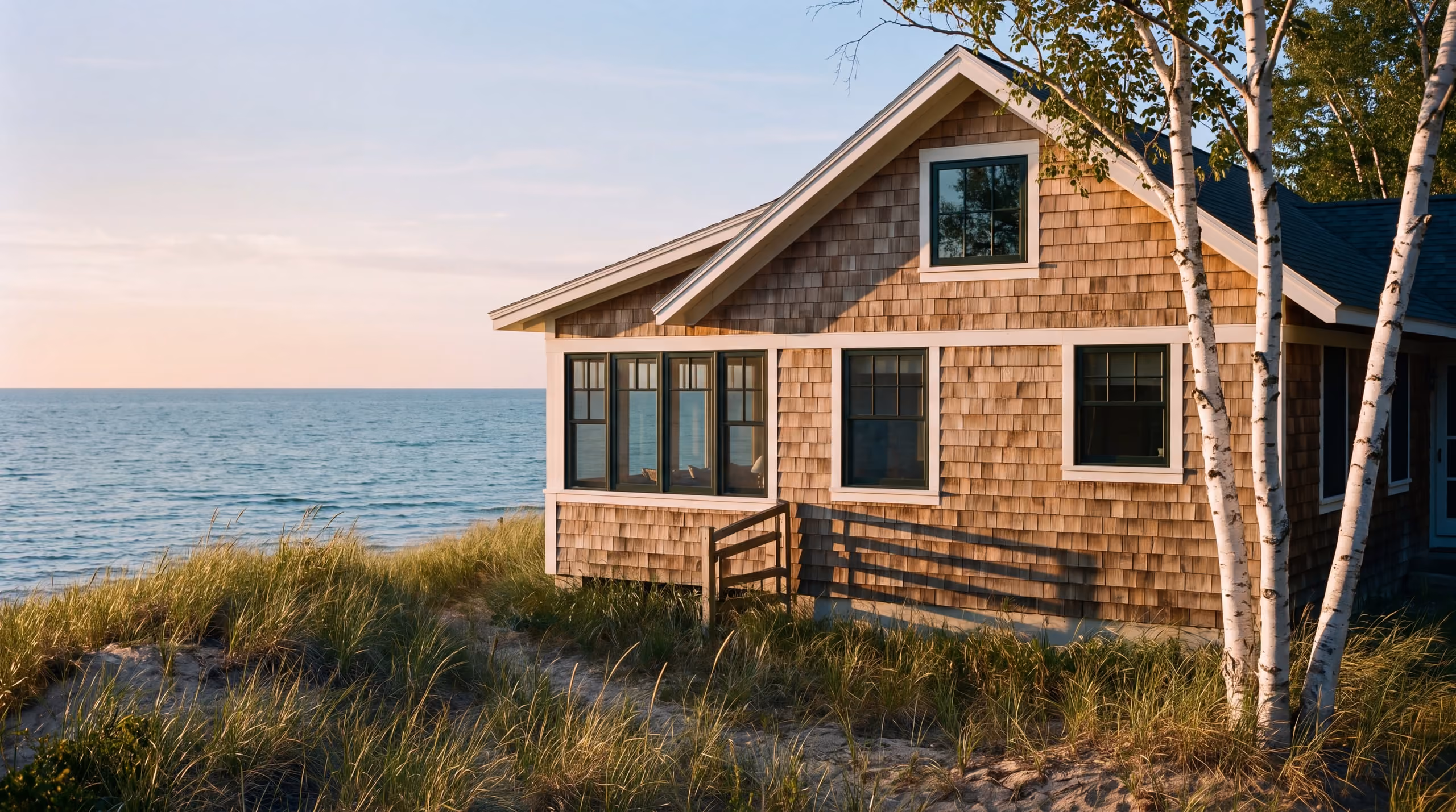 Cedar-shingle lake house with crisp white trim beside dune grass on the Michigan shoreline