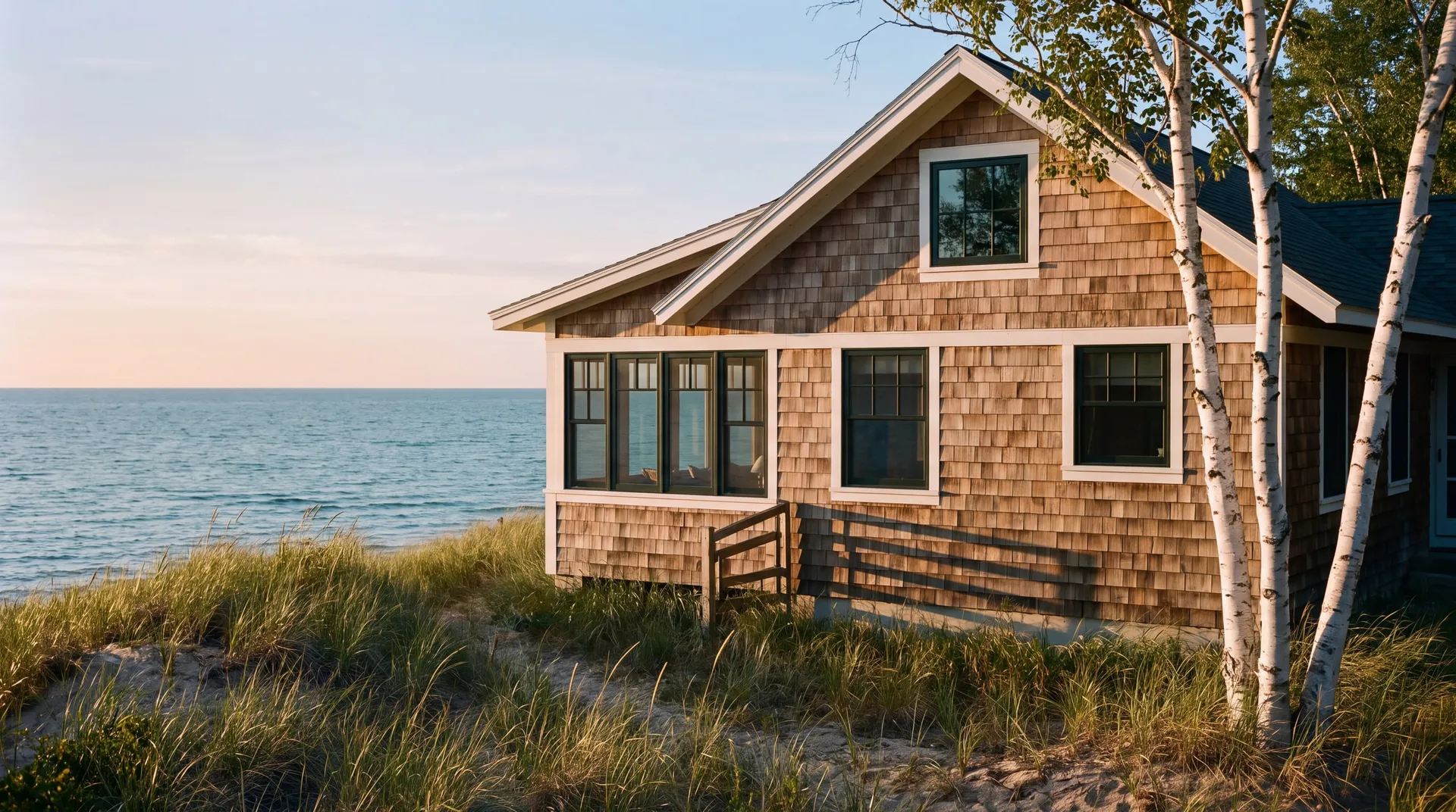 Cedar-shingle lake house with crisp white trim beside dune grass on the Michigan shoreline