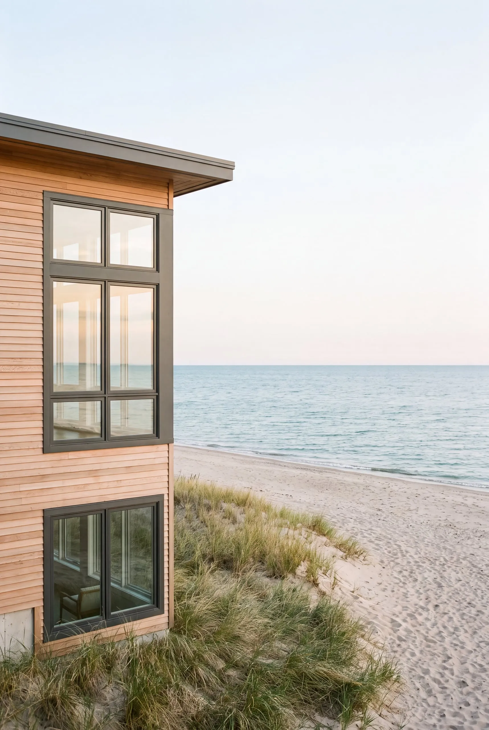 Cedar-sided house with dark window frames above a rocky lake shoreline