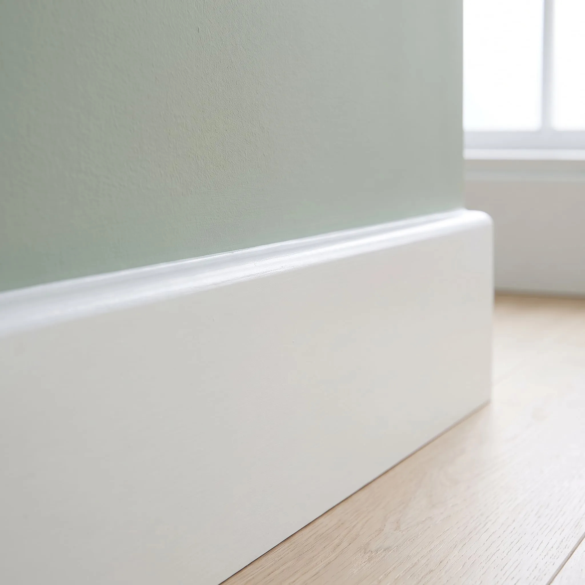 Close-up of white painted baseboard against a sage green wall