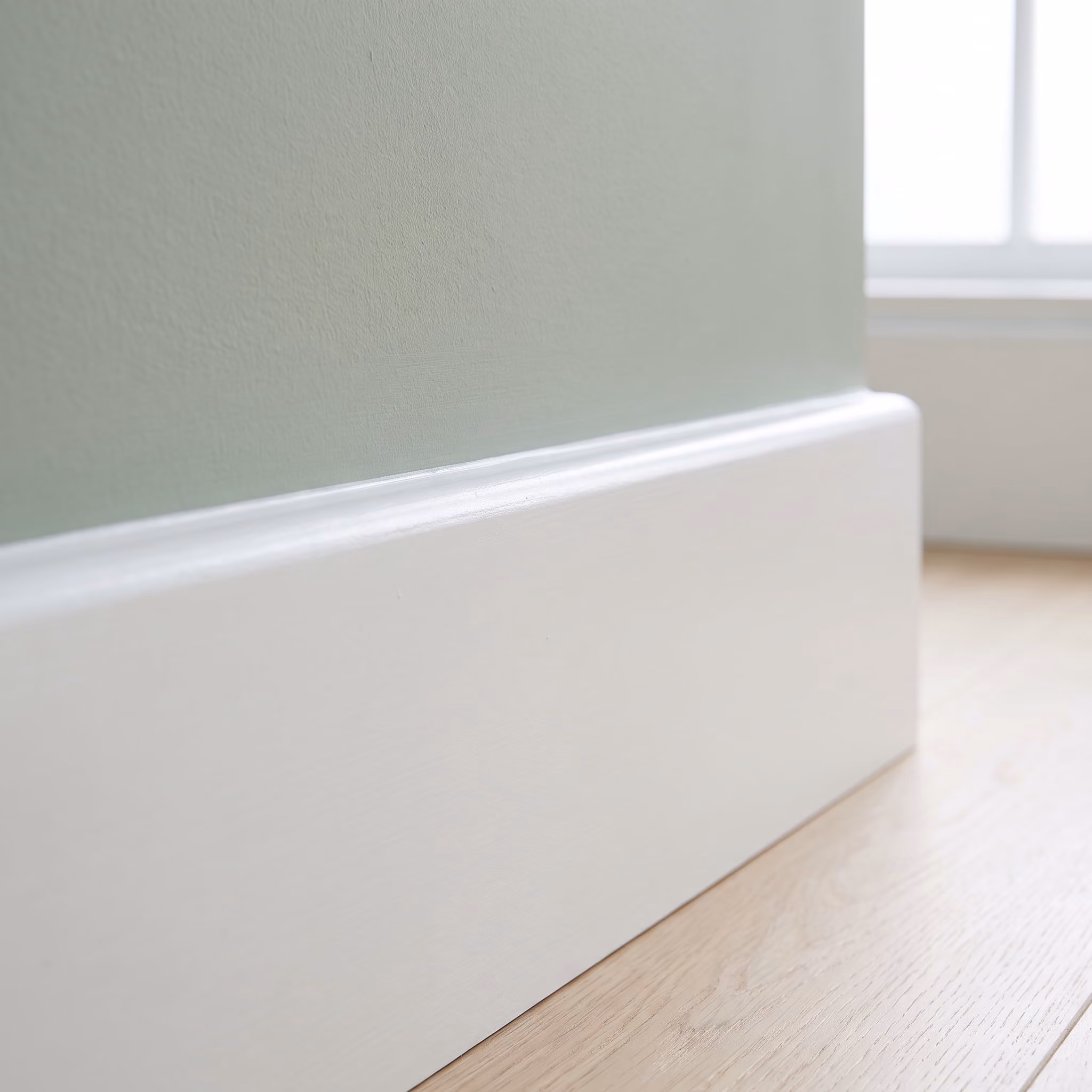 Crisp cut line where white baseboard meets a sage wall
