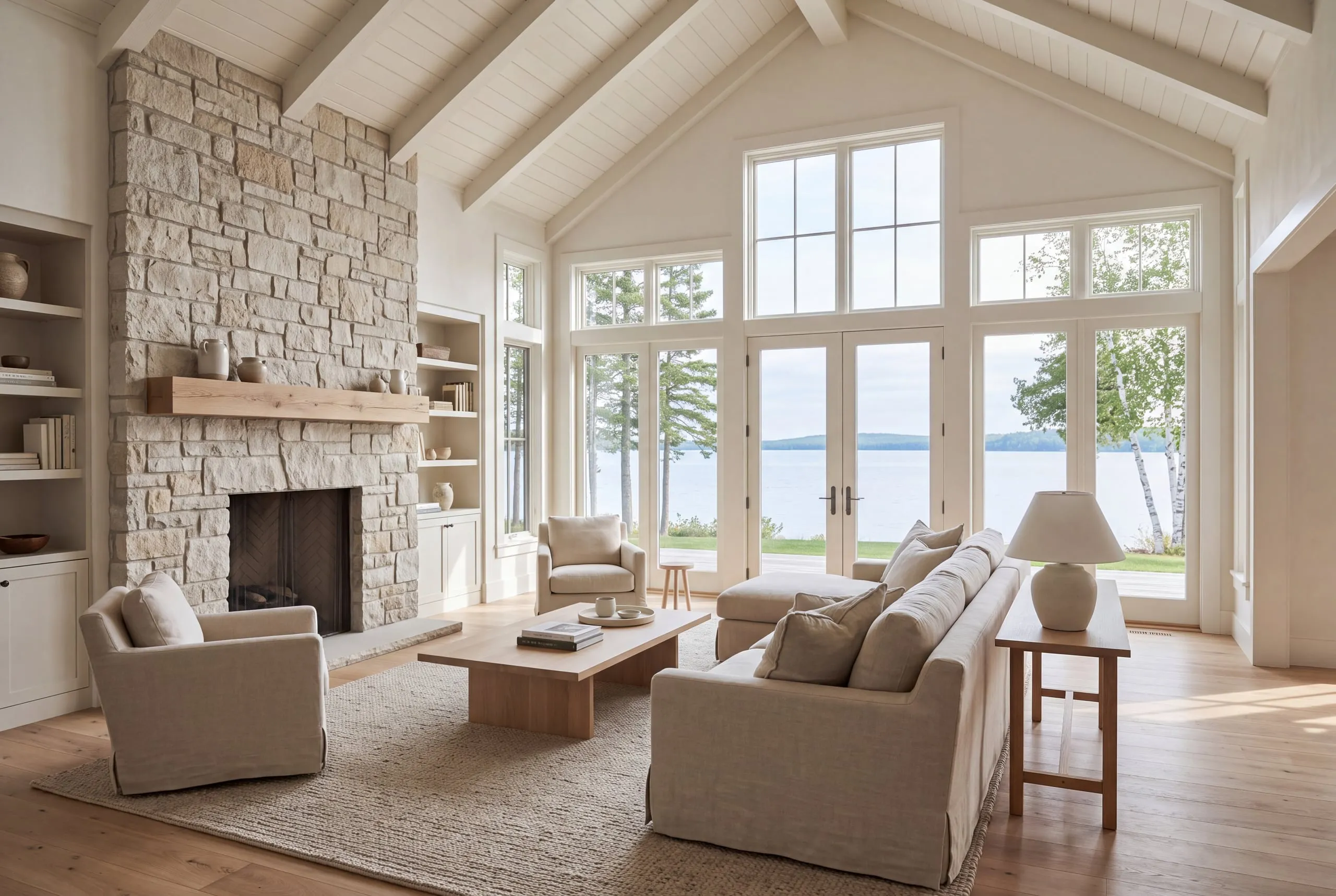 Living room with a stone fireplace, a vaulted white ceiling and a lake view
