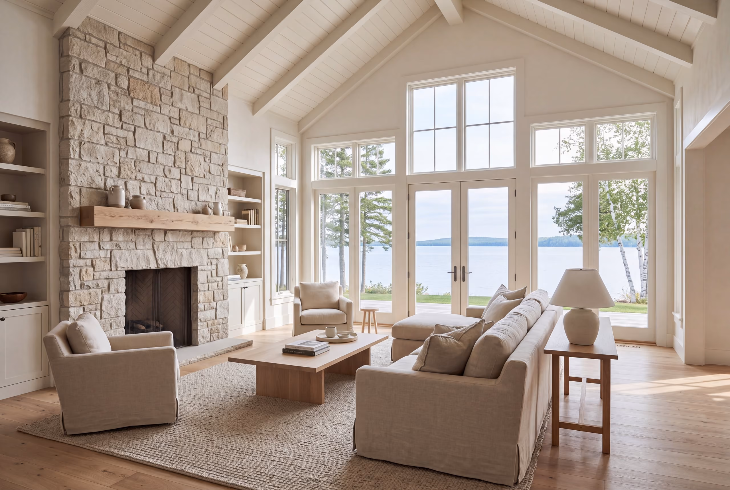 Freshly painted great room with limestone fireplace and morning light off the bay