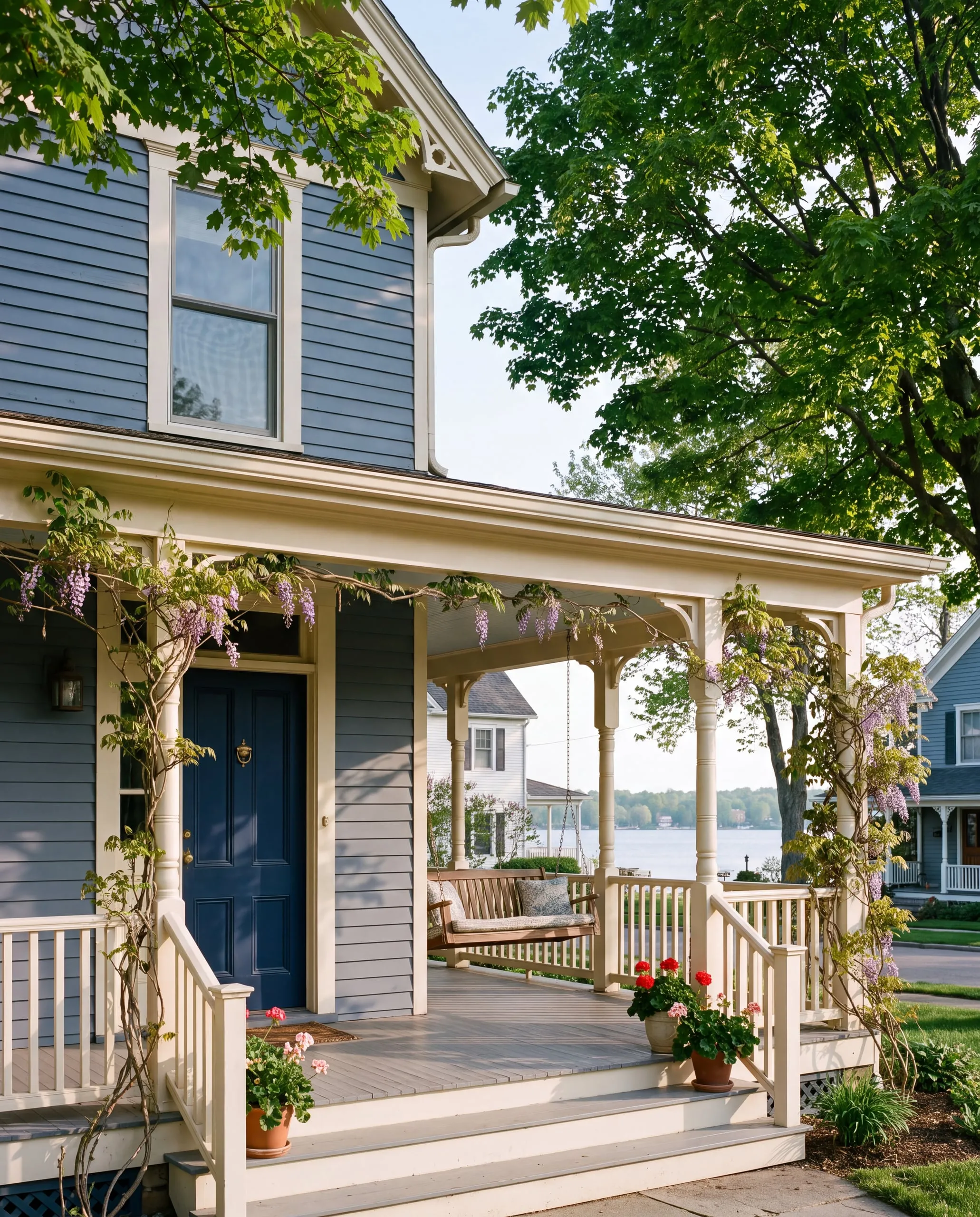 Blue clapboard house with cream porch trim and a navy front door, the bay behind