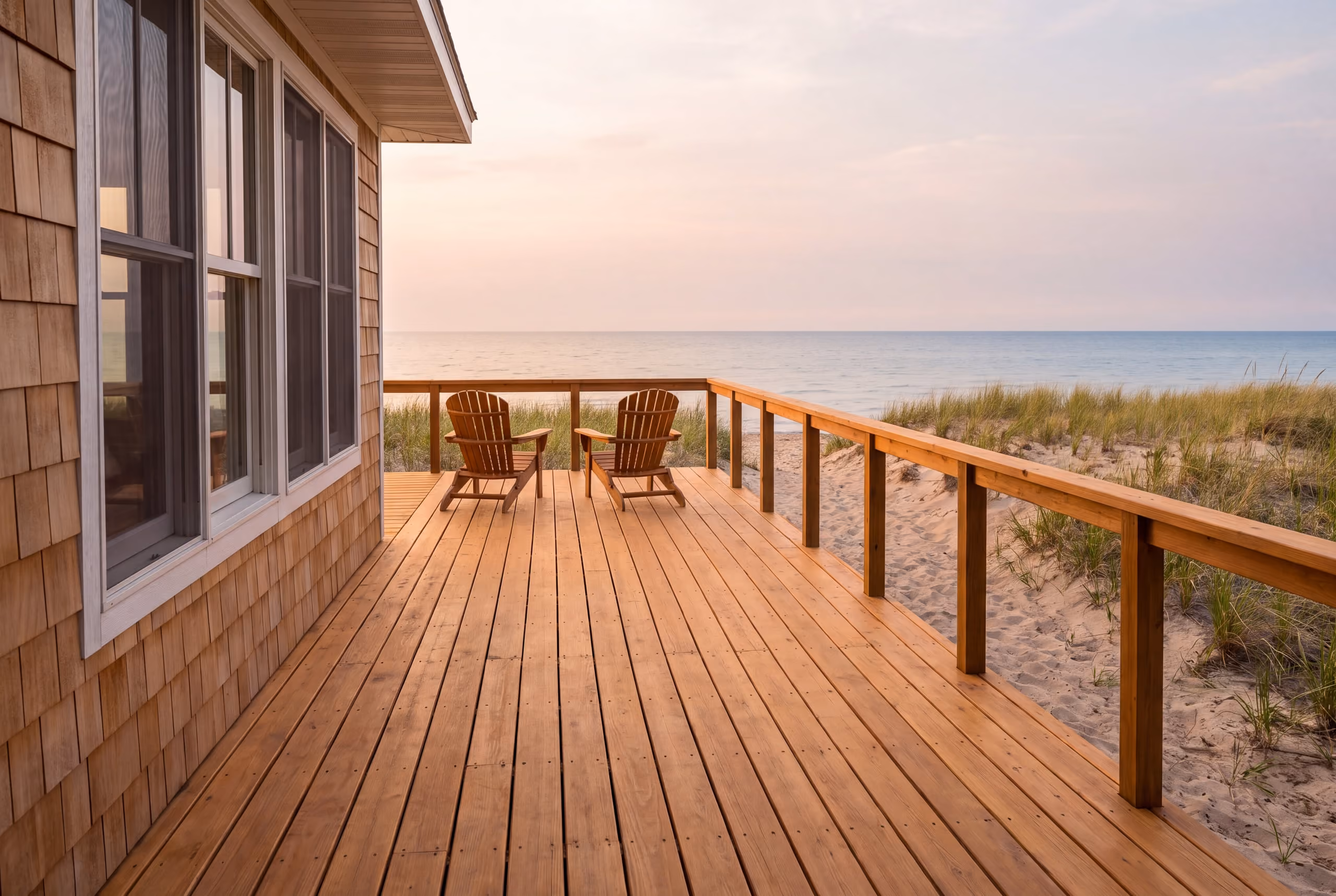 Freshly stained cedar deck overlooking the lake and peninsula