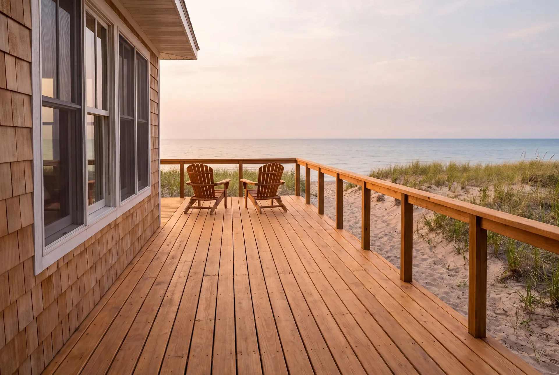 Freshly stained cedar deck overlooking the lake and peninsula